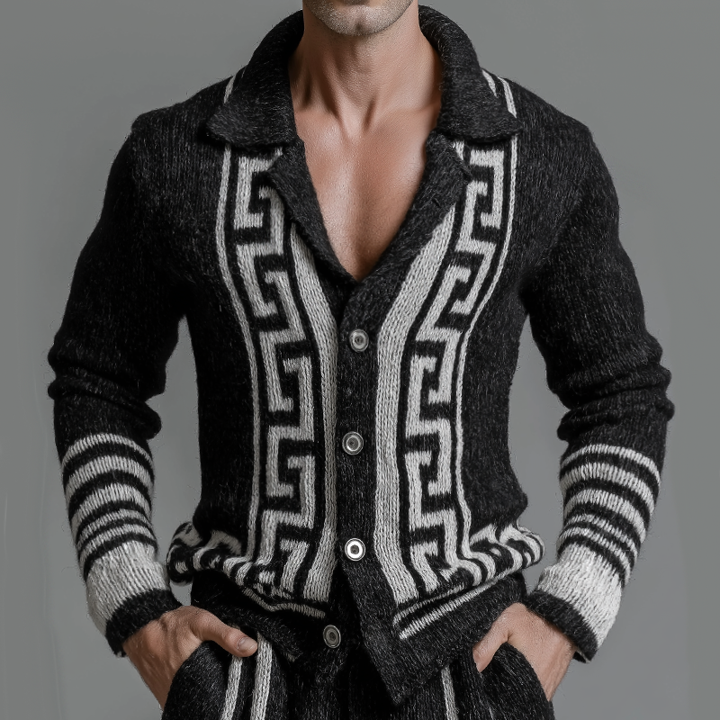 Men's Vintage Casual Knitted Greek Key Lapel Button Cardigan MTA1360J0TO