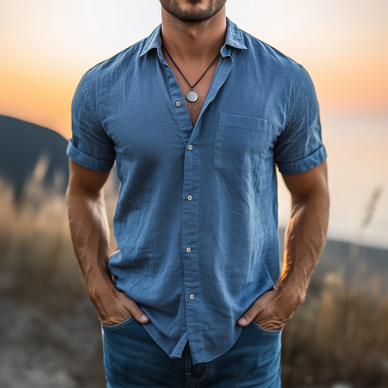 Men's Basic Solid Color Cotton And Linen Short Sleeve Shirt MTA2543G7U