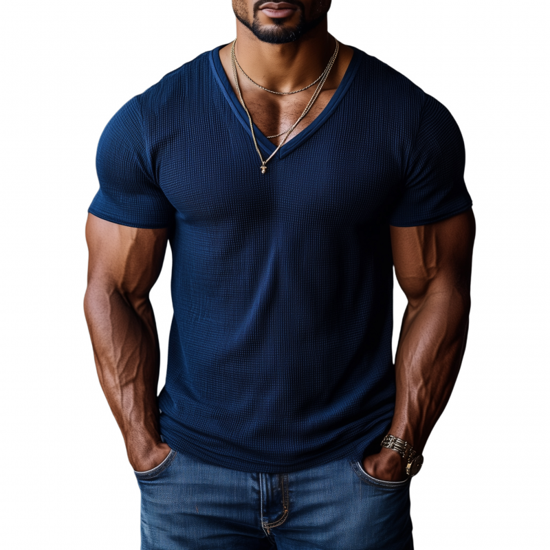 Men's Casual Sports Breathable Waffle V-neck Tight Short-sleeved T-shirt MTA1914G3M