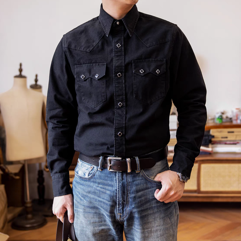 Men's Fashion Lapel Chest Pocket Long Sleeve Denim Shirt 60021460Z