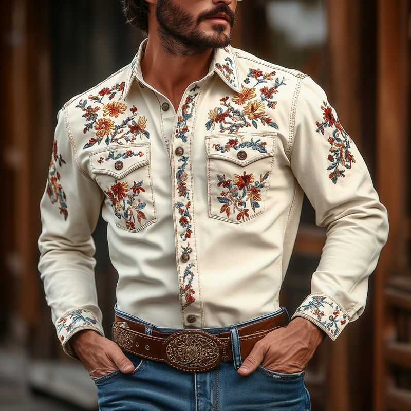 Vestlig cowboystil for menn, brodert jakkeslag, brystlomme, langermet bomullsskjorte 24193428Z