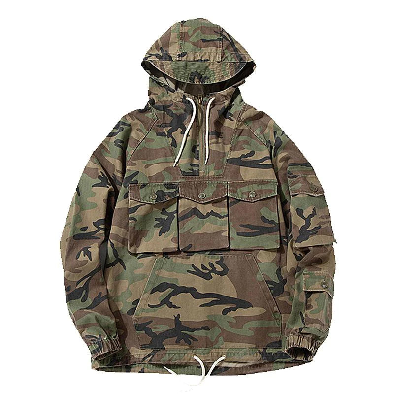 Camo Pullover hettegenser med flere lommer for menn utendørs 08280113X