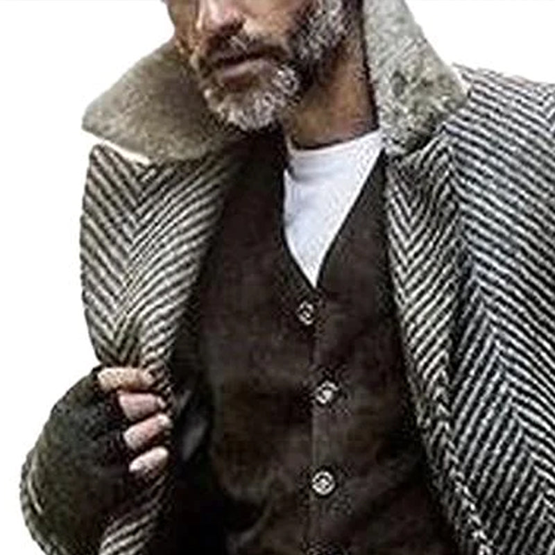 【Spedizione in 24 ore】Cappotto da uomo vintage in tessuto a spina di pesce con collo in pelliccia 32573111Y