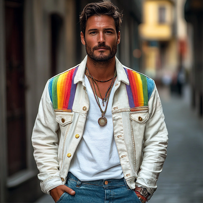 Men's Rainbow Fabric Patchwork White Denim Jacket 13496204U