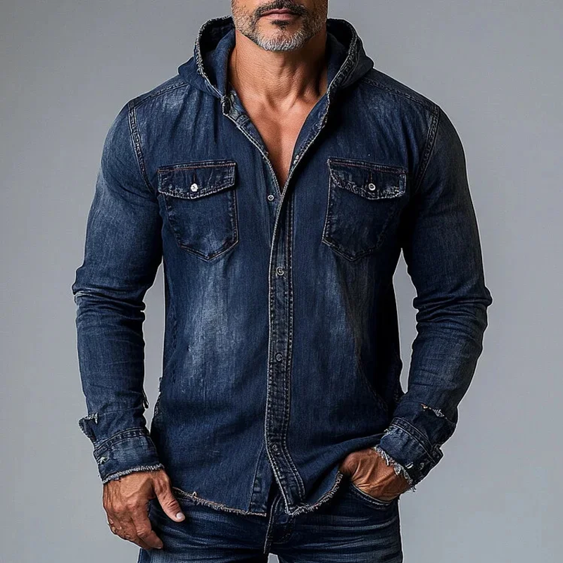 Men's Fashion  Sanding Distressed Hooded Chest Pocket Denim Shirt 54751170Z