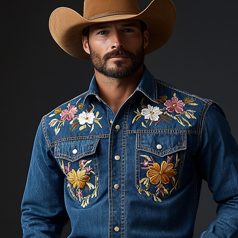 Men's Western Cowboy Style Embroidered Lapel Chest Pocket Long Sleeve Denim Shirt 23822872Z