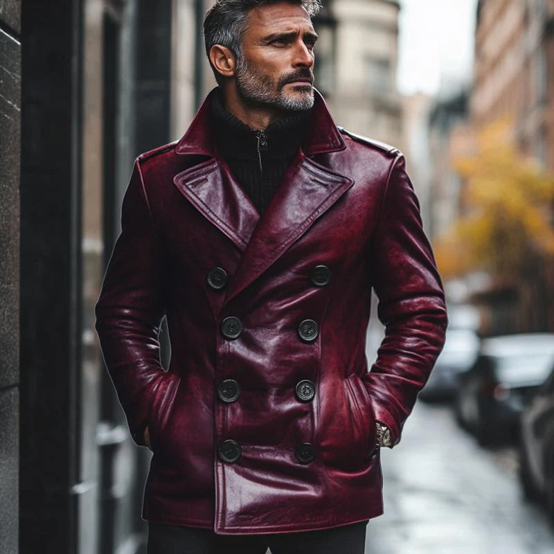 Cappotto in pelle da uomo vintage con revers a tacca e doppiopetto, vestibilità attillata 67908993M