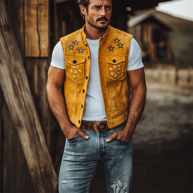 Men's Classic Retro American Western Embroidery Slim Stand Collar Suede Vest 06825833K