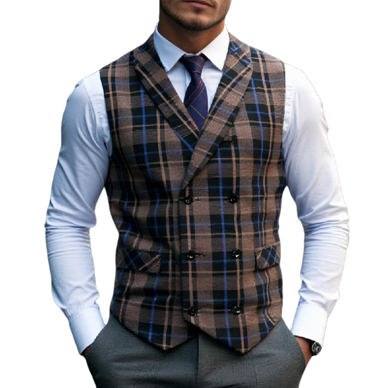 Men's Vintage Checkered Lapel Double-breasted Vest (shirt Not Included) 26293846X