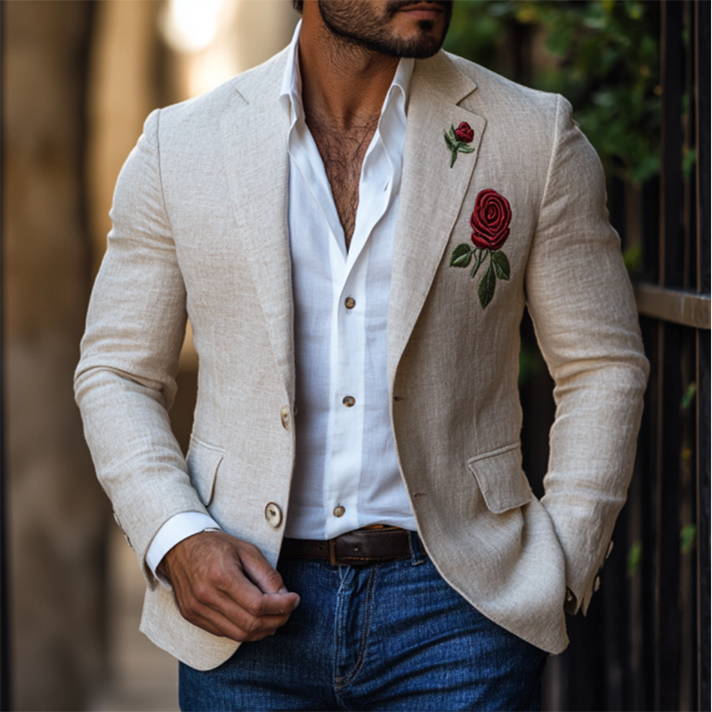 Men's Casual Slim Fit Rose Embroidered Linen Blazer 59736906K