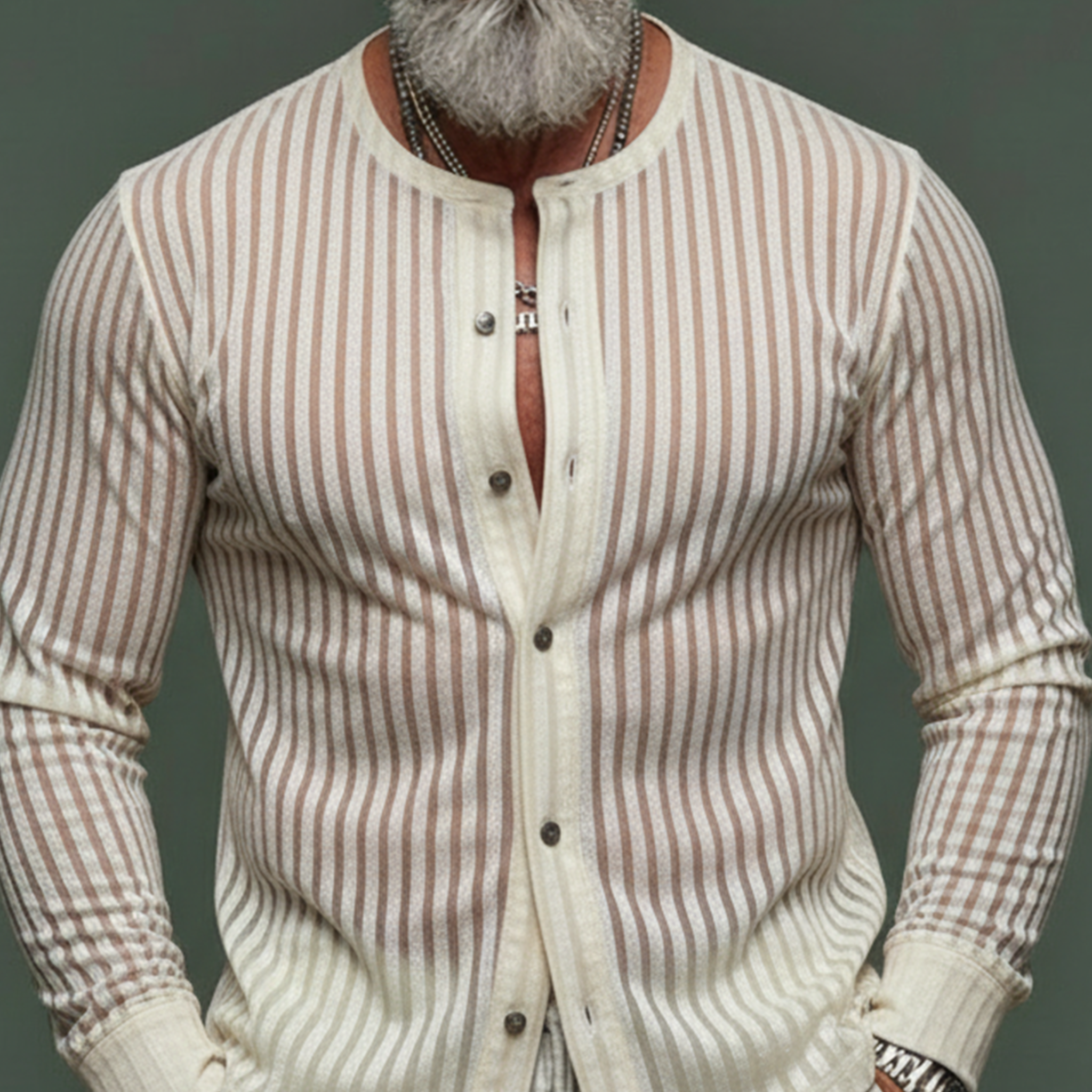 Men's Classic Casual Faux Velvet Striped Slightly Sheer Long-sleeved Shirt MTZ0541A2K