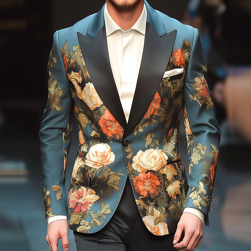 Men's Retro Large Flower Printed Single Breasted Casual Blazer MTA2182G8TO