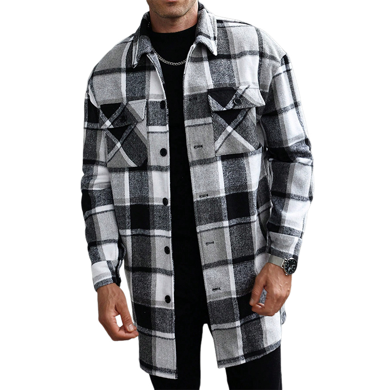 Men's Vintage Flannel Lapel Midi Long Sleeve Shirt MTA0991I8X