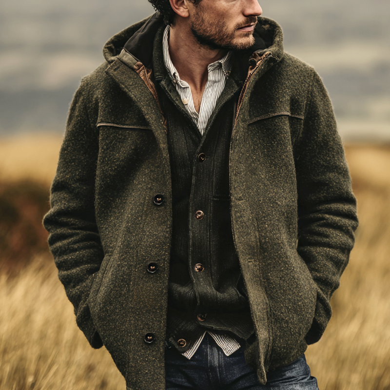 Men's Mixed Color Faux Wool Hooded Single Breasted Jacket MTA0180I5Z