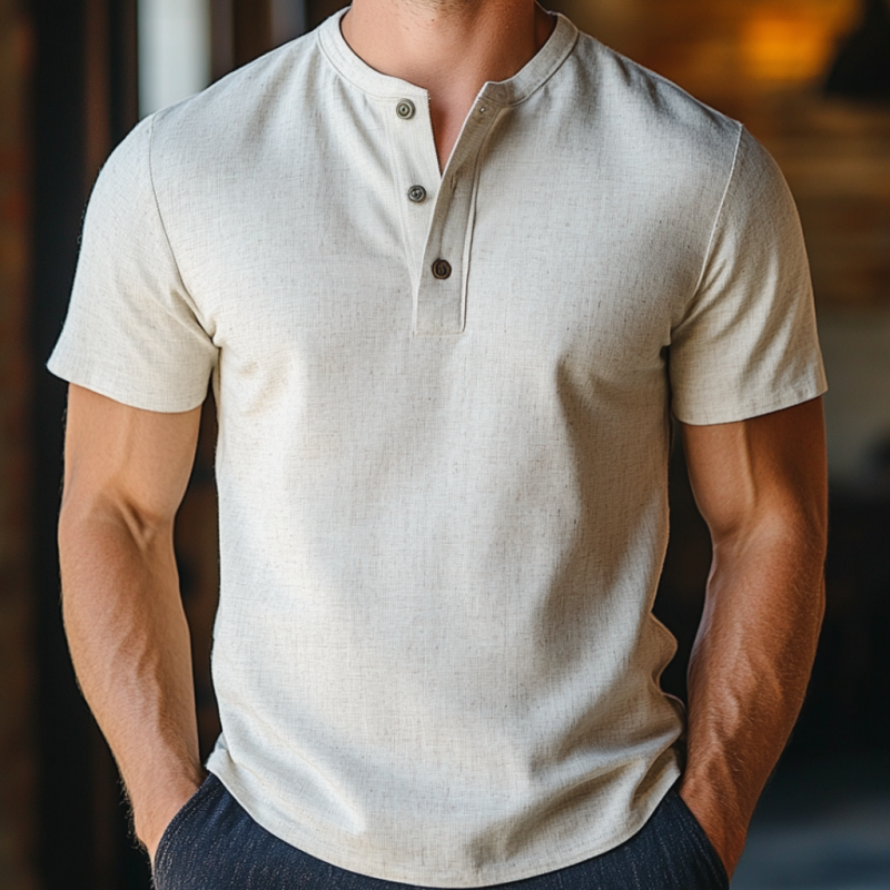 Men's Casual Breathable Linen Blend Henley Collar Slim Fit Short Sleeve Shirt MTA2996D5M