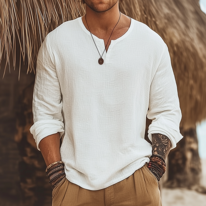 Men's Casual Solid Color Breathable Cotton Bubble Wrinkled V-neck Loose Long-sleeved T-shirt MTA0159G0M