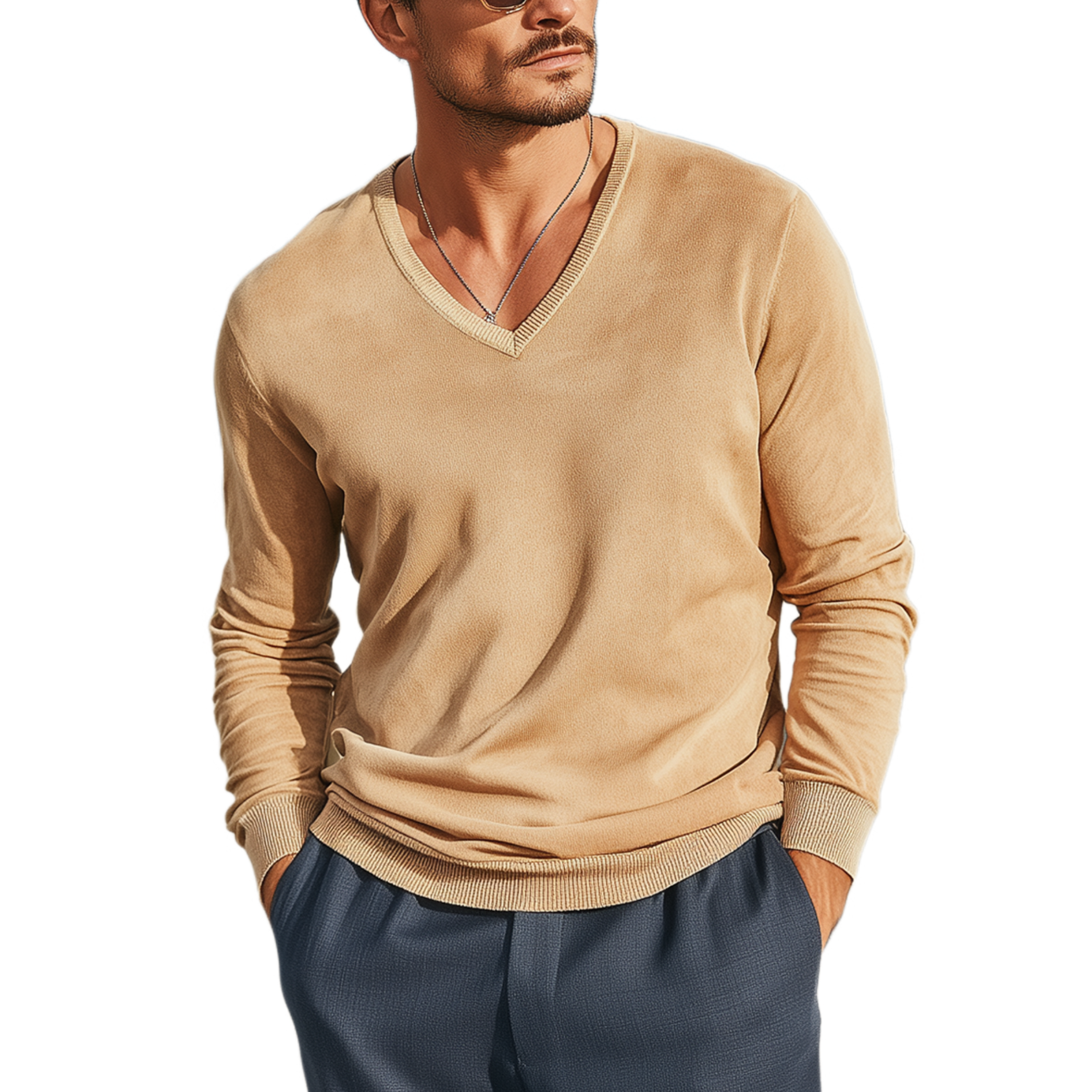 Men's Classic Casual Collar, Cuffs And Hem Ribbed Stitching Thin Suede V-neck Long-sleeved T-shirt MTA2323G5K