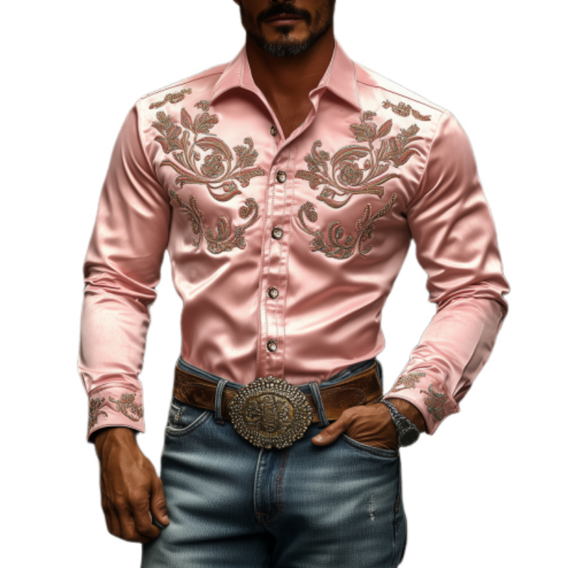 Men's Classic Western American Vintage Satin Embroidered Long Sleeve Shirt 41114174K