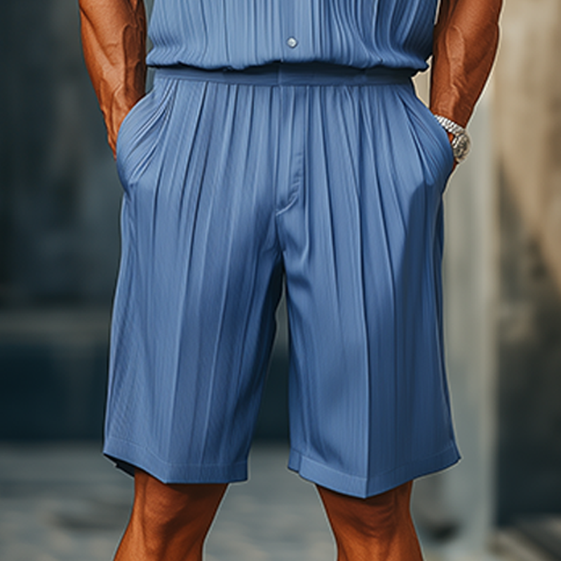 Men's Spring And Summer Fashion Casual Cool Pleated Fabric Short-sleeved Shirt Length To Knee Shorts Set MTA2513F3K
