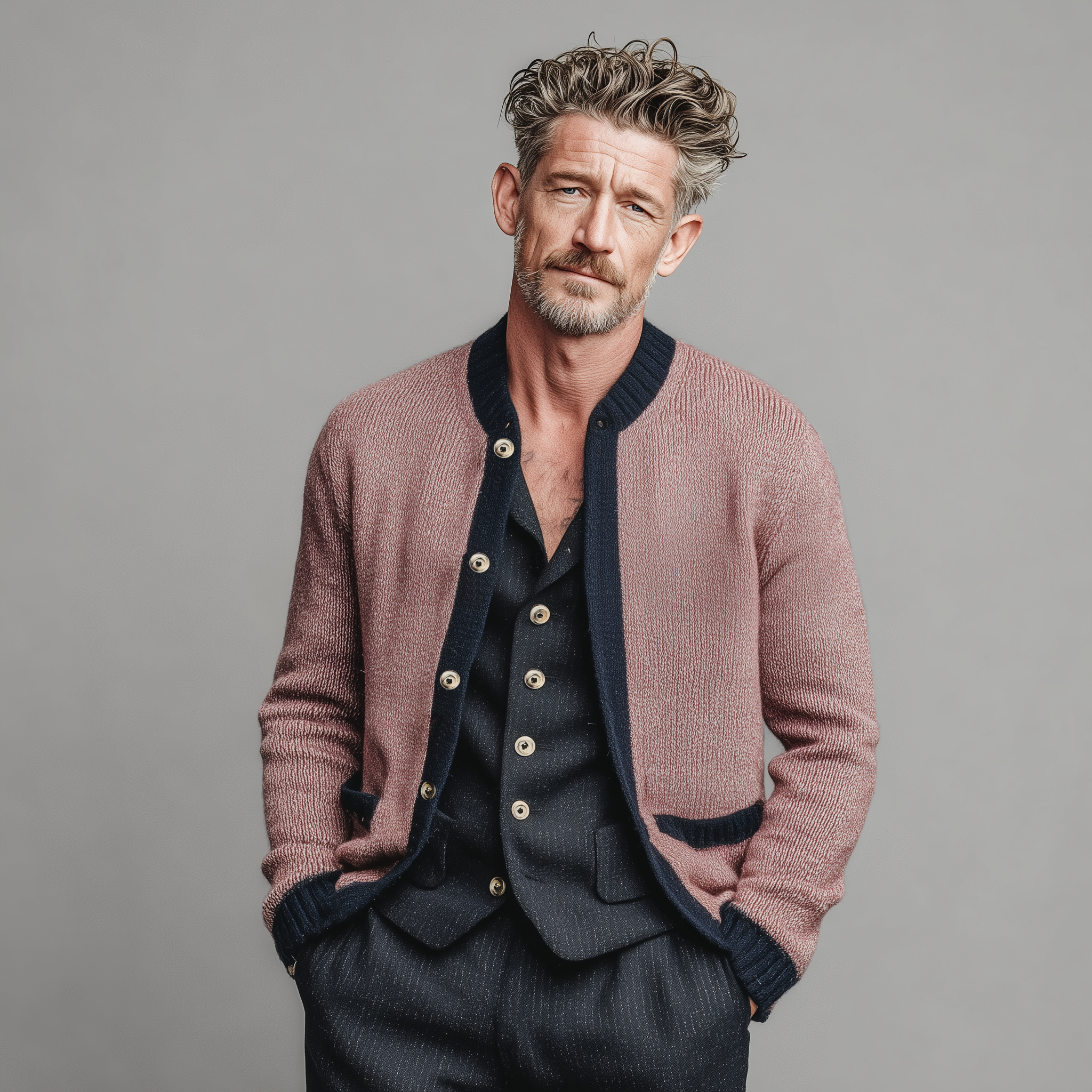 Men's Classic Casual Pink And Navy Blue Knitted Cardigan MTA2660I0K