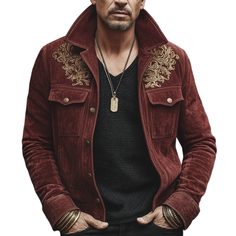 Men's Vintage Luxury Dark Red Suede Embroidered Lapel Jacket MTA0874L3U