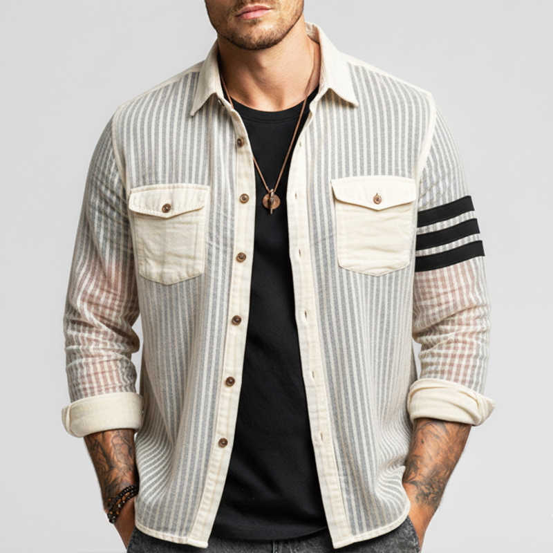 Men's Fashionable Coastal Semi-sheer Striped Casual Long-sleeved Shirt MTZ1944A5U
