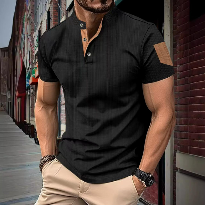 Men's Textured Colorblock Henley Collar Short Sleeve T-shirt 62398359Z