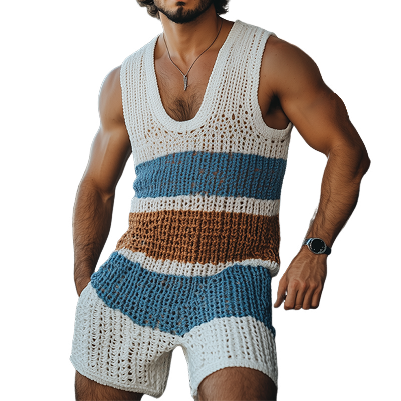 Herremote, uformell, U-hals, kontraststripete strikket jumpsuit MTA2672F9K