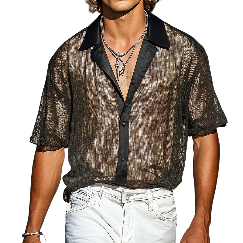 Men's Summer Fashion Casual Mesh Stitching Satin Double-layer Fabric Short-sleeved Shirt MTA2340F0K