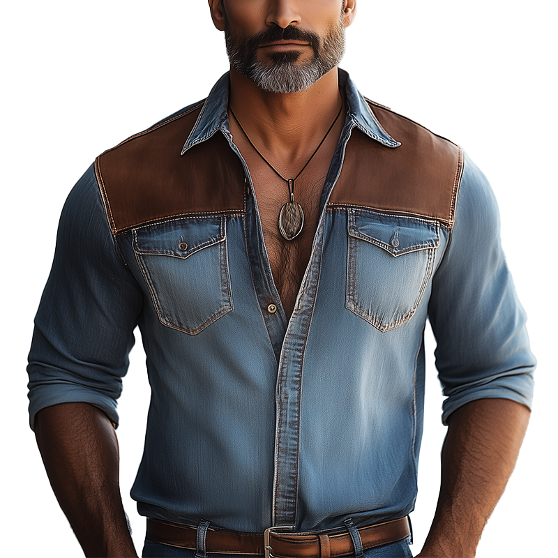 Men's Vintage Denim Patchwork Long-Sleeved Shirt MTA2970G7P