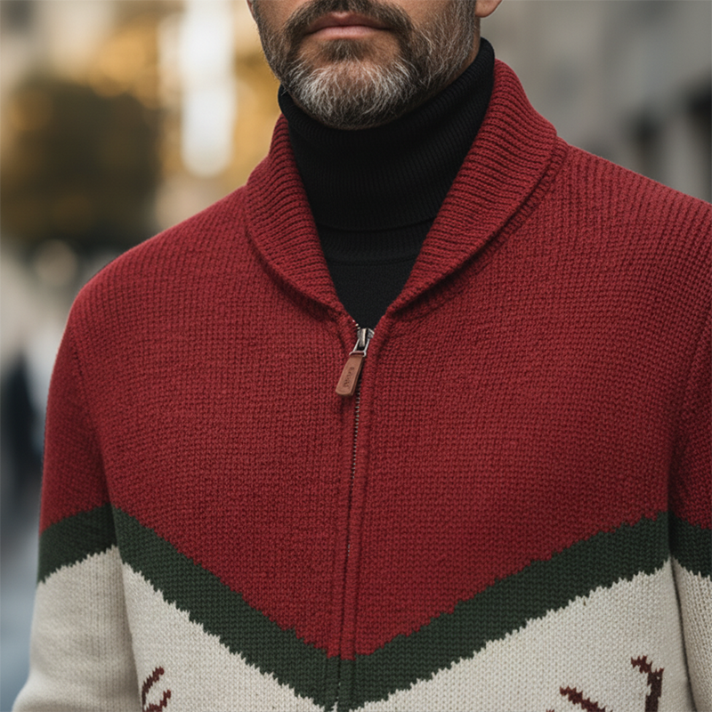 Men's Retro Christmas Jacquard Cotton Yarn Knit Zipper Cardigan MTA1478K9P