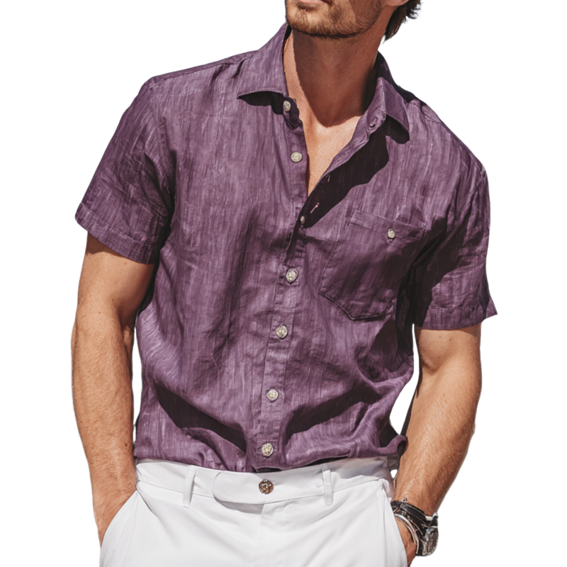 Men's Casual Breathable Cotton Linen Lapel Patch Pocket Loose Short-sleeved Shirt MTA0177G2M