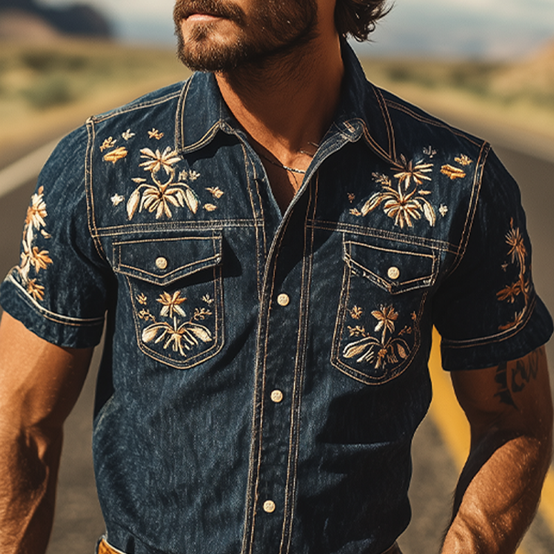 Men's Summer Fashion Classic Retro Western Cowboy Style Denim Embroidery Short Sleeve Shirt MTA2878D6K