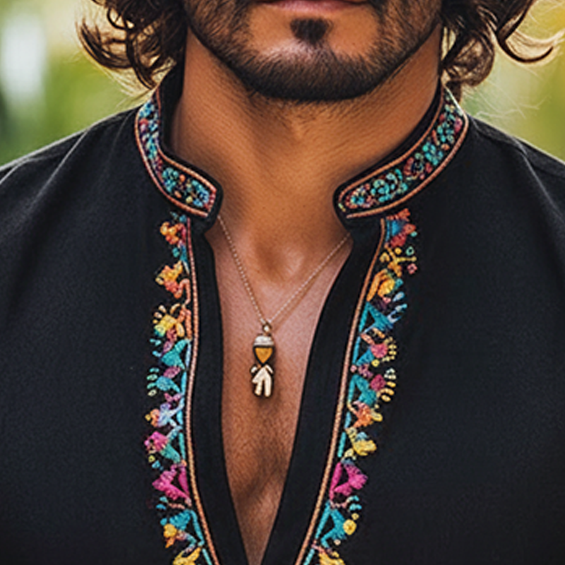 Men's Spring Fashion Embroidered U-neck Faux Suede Long-sleeved Shirt MTZ0837A0P