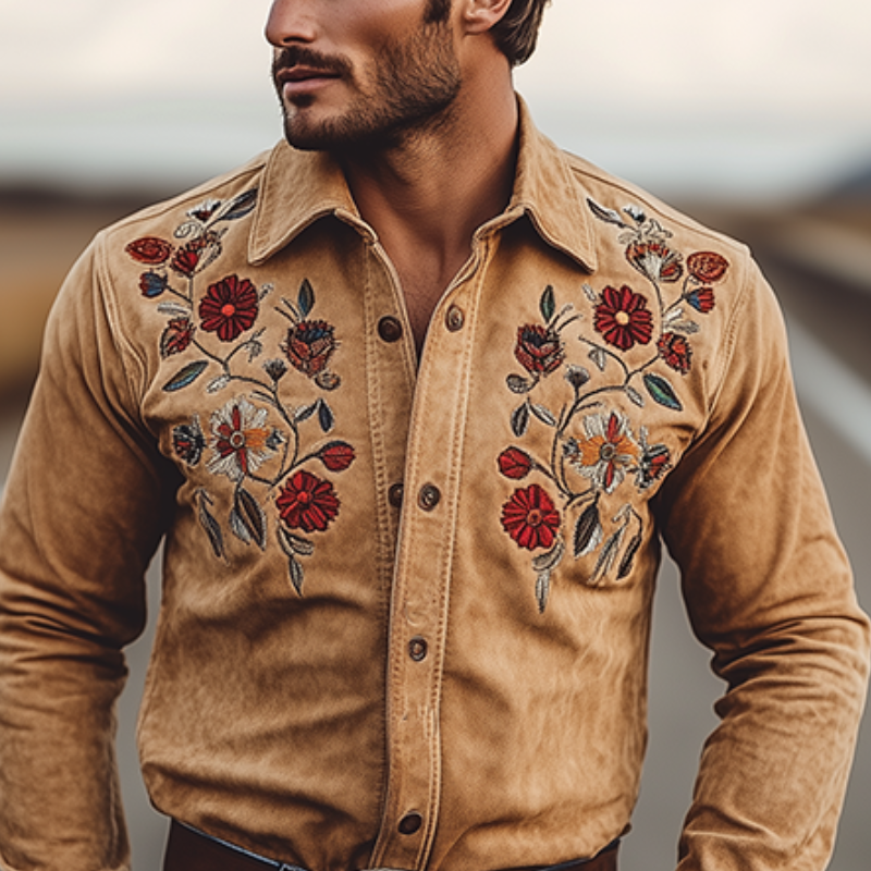 Men's Classic American Retro Western Suede Embroidered Long Sleeve Shirt 19935539K