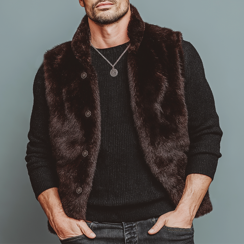 Men's Luxury Chocolate Stand Collar Velvet-Soft Faux Fur Vest MTA0763K7U