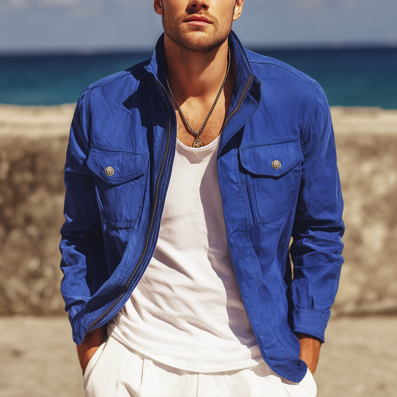 Men's Classic Klein Blue Stand Collar Zip-Up Jacket MTA0598H2U