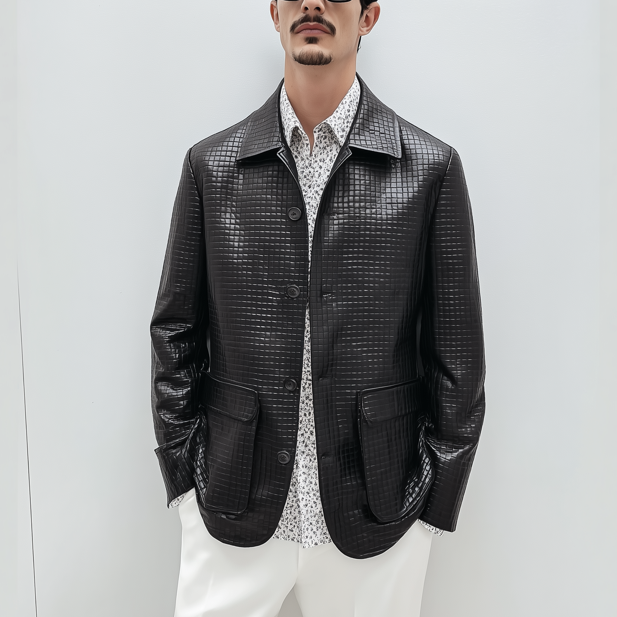 Men's Classic Casual Woven Textured Leather Single Breasted Jacket MTA1138H9K