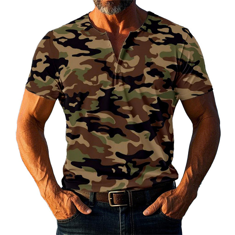 Men's Camo Henley Short Sleeve T-Shirt 23337517X