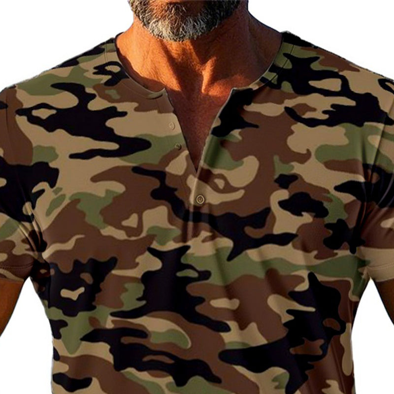 Men's Camo Henley Short Sleeve T-Shirt 23337517X