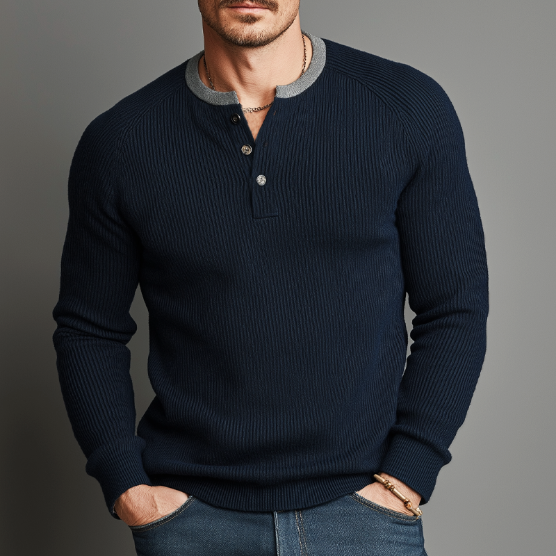 Men's Classic Color-Blocked High-Stretch Slim-Fit Knitted Henley Shirt MTZ2023A8U