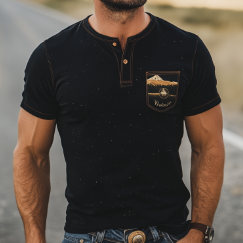 Klassisk uformelt Henley-krage Yellowstone-kolleksjon for menn med kortermet T-skjorte 94837482K