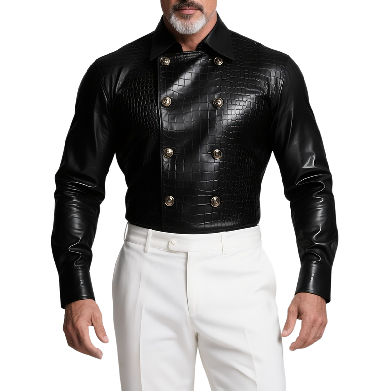 Men's Retro Casual Crocodile Pattern PU Lapel Leather Long Sleeve Shirt MTA1129H3TO