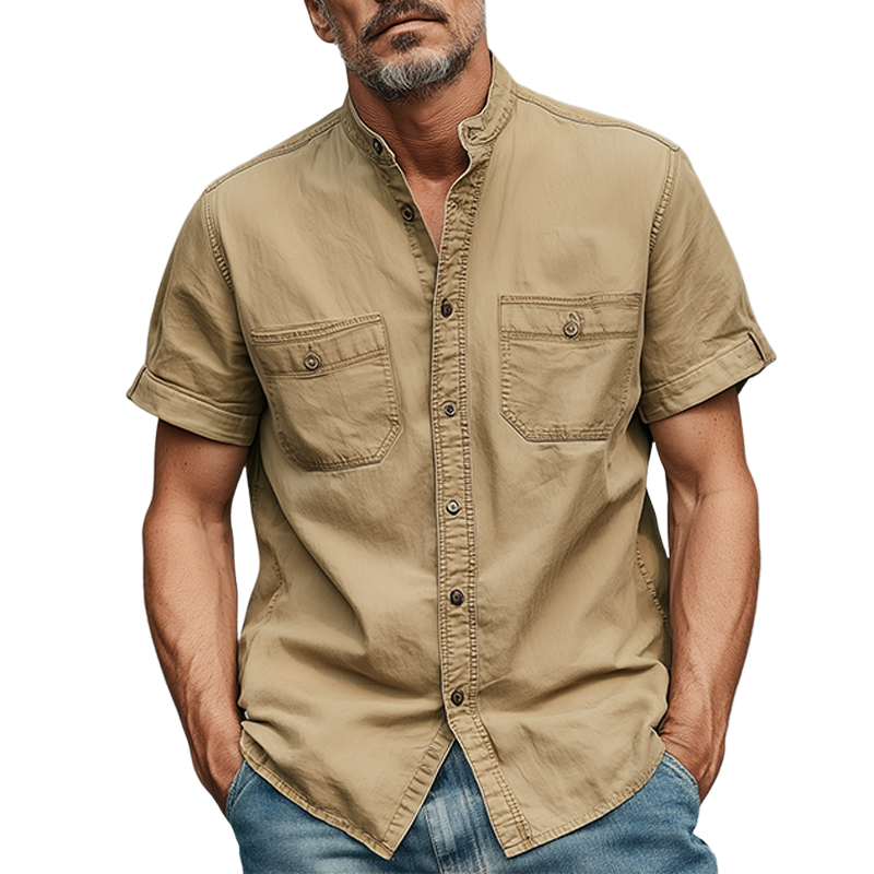 Men's Summer Casual Cotton Blended Washed Stand Collar Short Sleeve Shirt MTA0220G9K