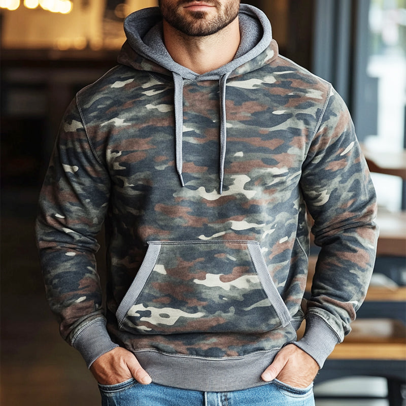 Men's Retro Casual Camouflage Print Drawstring Hoodie 96616359TO