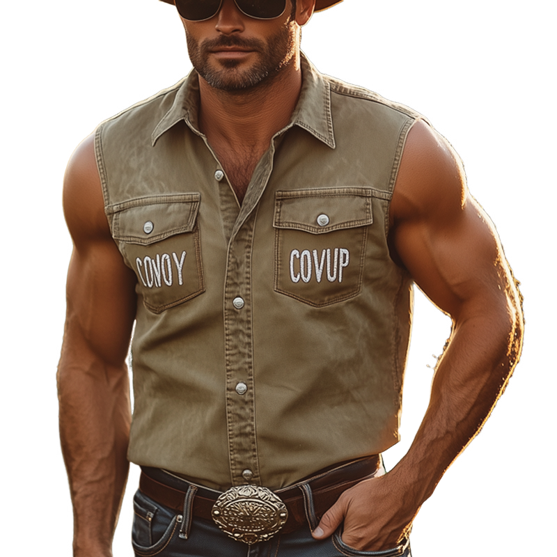 Men's Western Style Letter Embroidered Denim Sleeveless Shirt MTA2600F8U