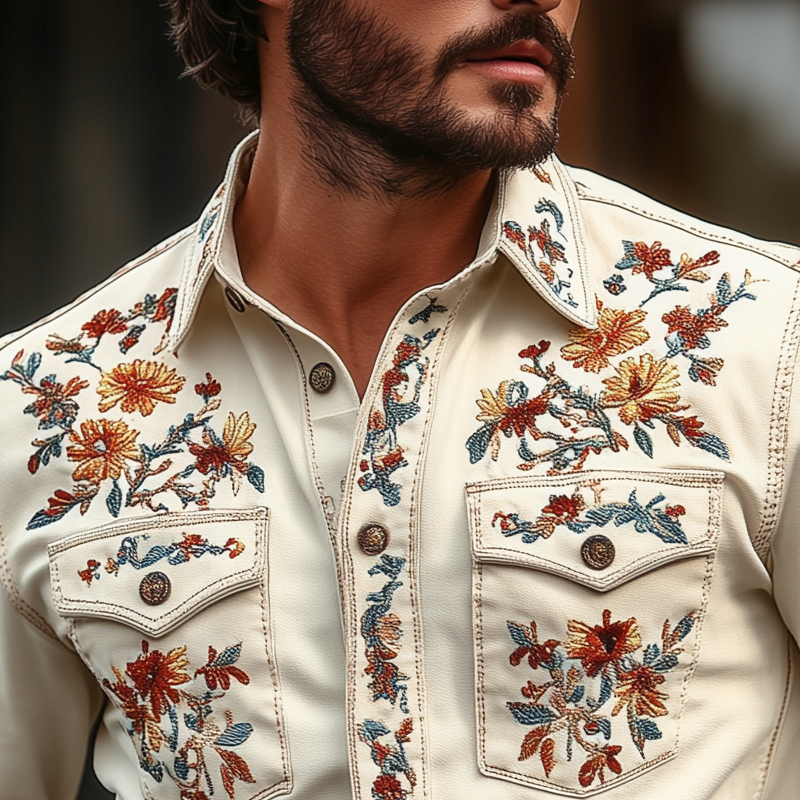 Men's Western Cowboy Style Embroidered Lapel Chest Pocket Long Sleeve Cotton Shirt 24193428Z