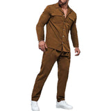 Men's Classic Casual Slim Fit Multi-Pocket Long Sleeve Shirt Elastic Waist Casual Pants Suede Set 00630283K