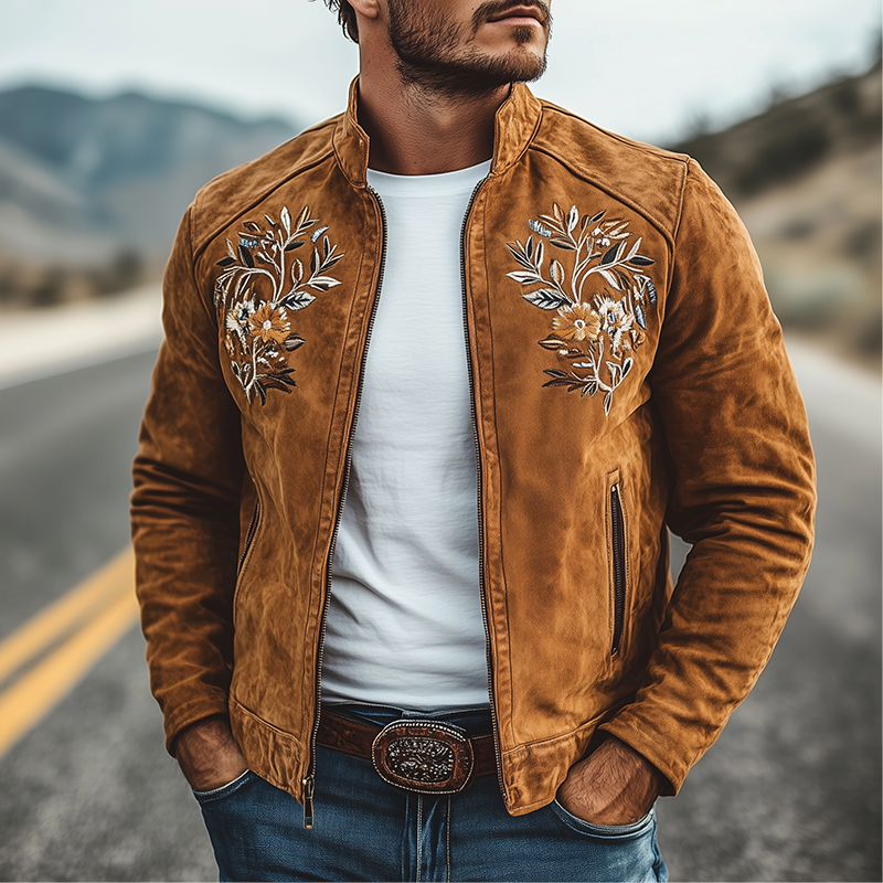 Men's Classic American Retro Western Embroidered Suede Jacket 44910769K