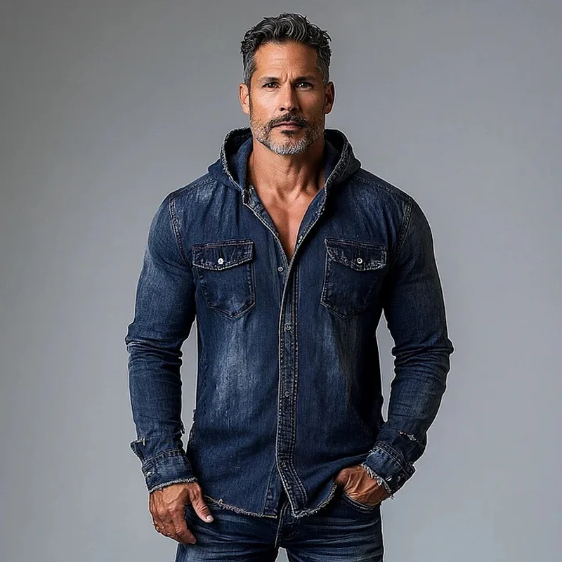 Men's Fashion  Sanding Distressed Hooded Chest Pocket Denim Shirt 54751170Z